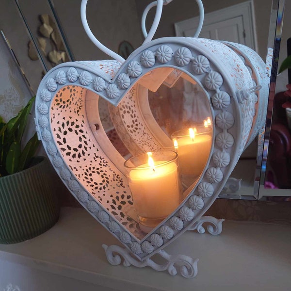 Heart shaped antique white metal candle lantern, vintage French style candle lantern, shabby chic lantern, ornate  rustic garden lantern