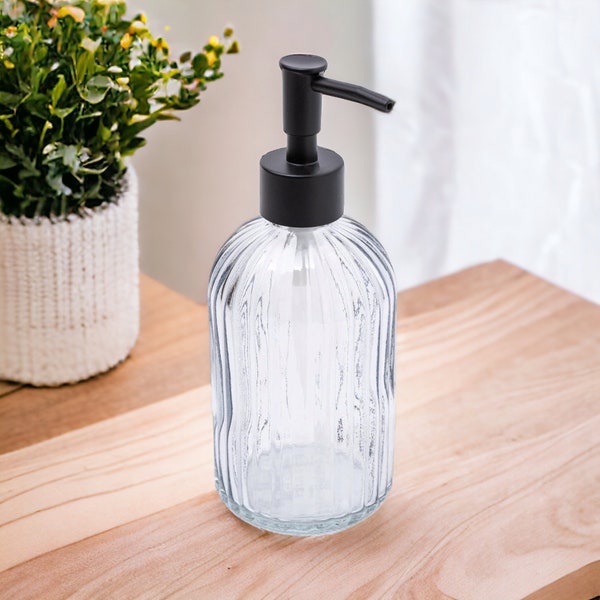 Clear, amber or green recycled glass soap liquid dispenser with black pump, liquid dispenser for bathroom or kitchen, re useable glass pump