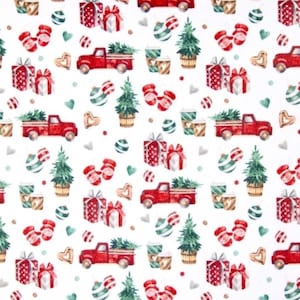 May include: A white background with a repeating pattern of red trucks carrying Christmas trees, presents, ornaments, and mittens. The trucks are red with white wheels and a white bed. The presents are wrapped in red and white paper with a bow. The ornaments are green and white. The mittens are red. The background is white.