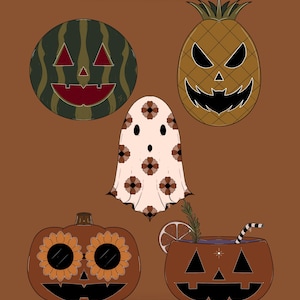 May include: A collection of stickers featuring Halloween-themed designs with a summer twist. The designs include a watermelon, pineapple, ghost, pumpkin with sunflowers, and a pumpkin cocktail. The word "SUMMERWEEN" and "STICKERS" are displayed.