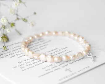 A Fresh Water Pearl First Holy Communion Bracelet with Sterling Silver Charms and Prayer Card