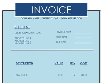 May include: A blue and white invoice template with the title "Invoice" at the top. The invoice includes sections for the recipient, description, value, quantity, cost, payment notes, and address. The total amount due is £107.00.