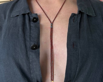Beaded Bolo Necklace - red Picasso & slate