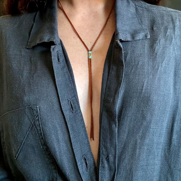 Collier Bolo en perles - rouille et turquoise Picasso