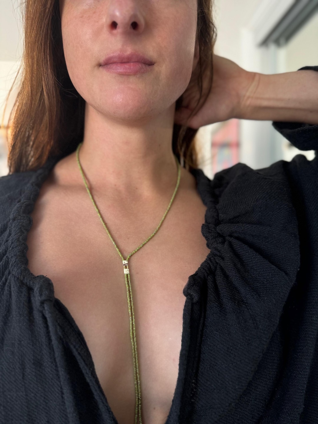 Beaded Bolo Necklace - chartreuse Picasso & ivory