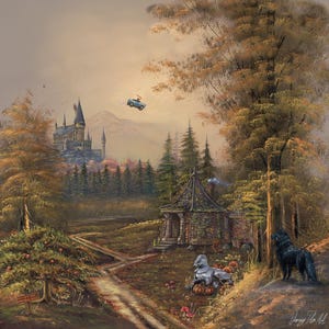 May include: A fantasy landscape painting featuring a stone castle on a distant hill, a small cottage with a pointed roof, a flying light blue car, a large black dog, and a stone griffin statue surrounded by pumpkins in an autumn forest setting.