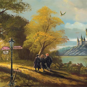 Wizard Walks Around Hogsmead Art Print: Magical Castle, Flying Owls, Potter Fan Art