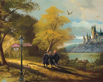 Wizard Walks Around Hogsmead Art Print: Magical Castle, Flying Owls, Potter Fan Art
