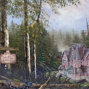 May include: Oil painting of a pink Victorian house in a forest setting. A black cat is perched on a fallen log in the foreground. A sign reads "Pink Palace Apartments". The painting has a textured, impressionistic style.