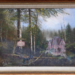 May include: Oil painting of a pink Victorian house nestled in a forest, with a sign that reads "Lake Rose Cottage". The artwork features a detailed landscape with trees, a misty background, and a decorative gold frame.
