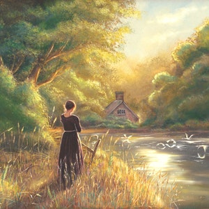 May include: A woman in a black dress stands by a lake, looking out at a small cottage in the distance. The lake is surrounded by trees and tall grass, and the sun is setting in the background.