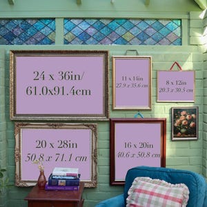 May include: Several framed artworks of varying sizes hang on a green brick wall. The largest is 24 x 36 inches, with text. Other frames include sizes 11 x 14 inches, 8 x 12 inches, 20 x 28 inches, and 16 x 20 inches.