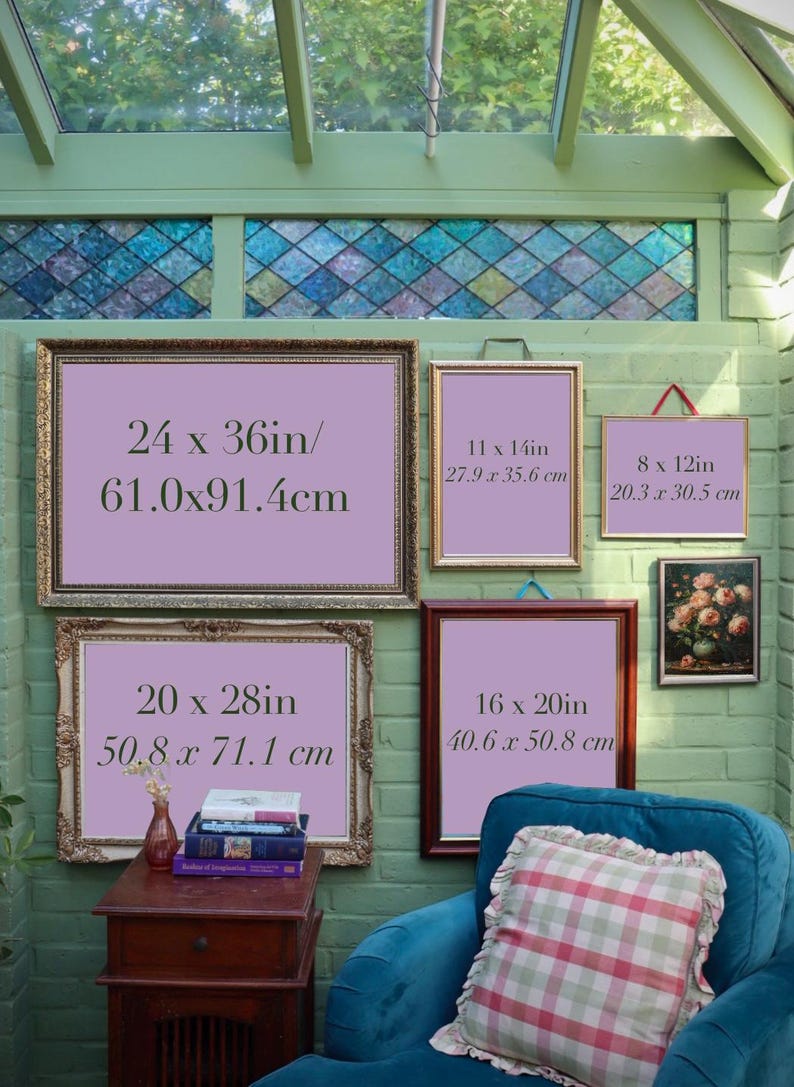 May include: Several framed artworks of varying sizes hang on a green brick wall. The largest is 24 x 36 inches, with text. Other frames include sizes 11 x 14 inches, 8 x 12 inches, 20 x 28 inches, and 16 x 20 inches.