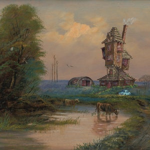 May include: A painting of a whimsical, tilted house with a blue car parked in front of it. The house is surrounded by a green field with two cows standing in a stream. The sky is a soft pink and orange.