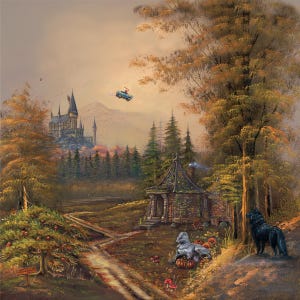 May include: A detailed painting of a fantasy landscape featuring a castle, a small cottage, and a flying car. The scene is set in an autumn forest with a dirt path leading through the trees. A black wolf stands in the foreground.