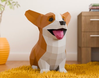 May include: A low-poly origami style papercraft model of a corgi dog sitting on a yellow shaggy rug. The dog is brown and white with a pink tongue sticking out.