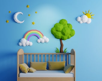 Tree, Rainbow, Sun and Cloud, Moon and Stars Papercraft 3D DIY Low Poly Wall Decor - 4 Template Bundle