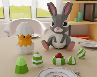 Easter Papercraft 3D DIY Low Poly Decor - Bunny, Chick in Egg, Egg Holders - 3 Templates Bundle