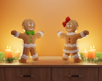 Gingerbread Man and Woman Papercraft 3D DIY low poly paper craft Christmas Holiday decor template