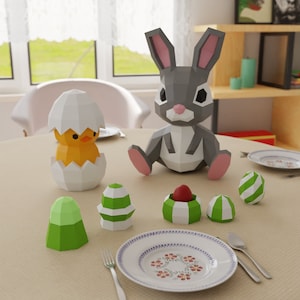 Easter Papercraft 3D DIY Low Poly Decor - Bunny, Chick in Egg, Egg Holders - 3 Templates Bundle