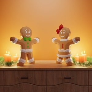 Papercraft omino e donna di pan di zenzero Modello di decorazione per le vacanze di Natale in carta 3D fai da te a basso numero di poligoni