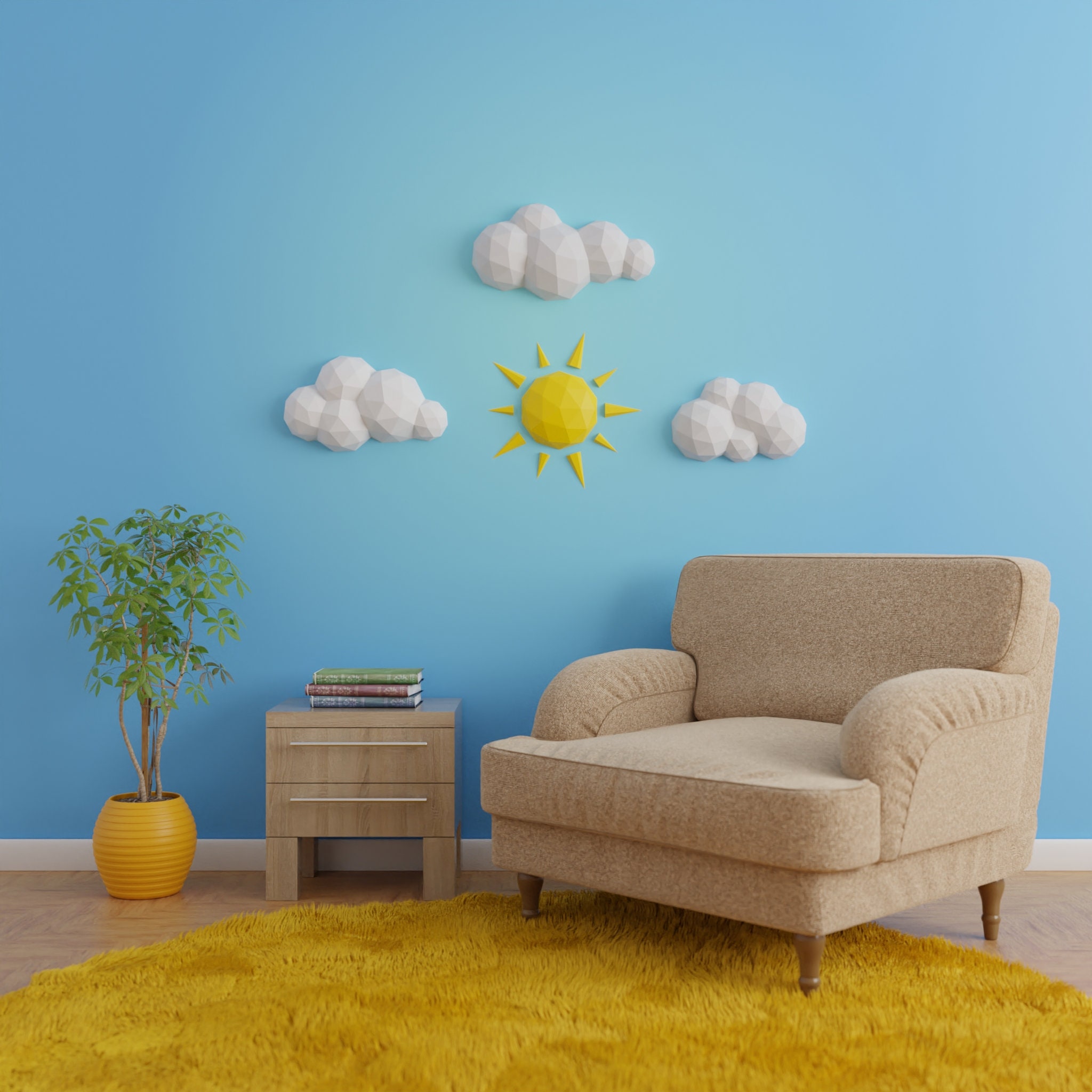 Clouds and Sun Papercraft 3D DIY Low Poly Wall Decor 2 | Etsy