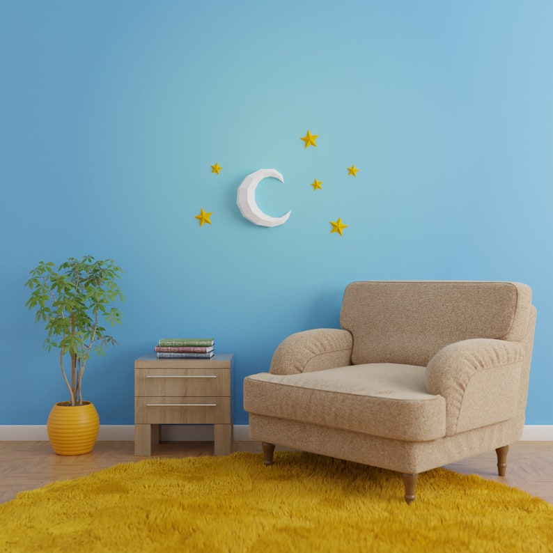 Moon and Stars Papercraft 3D DIY low poly paper crafts origami wall decor template image 3