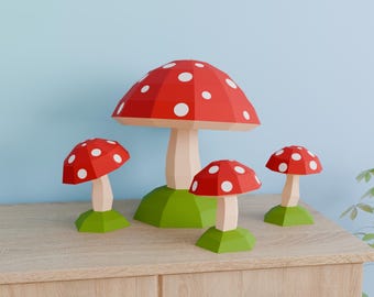 Mushrooms 3D Papercraft DIY low poly decor template