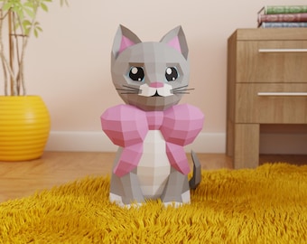 Cat with Bow Tie Papercraft 3D DIY low poly paper crafts kitten decor model template