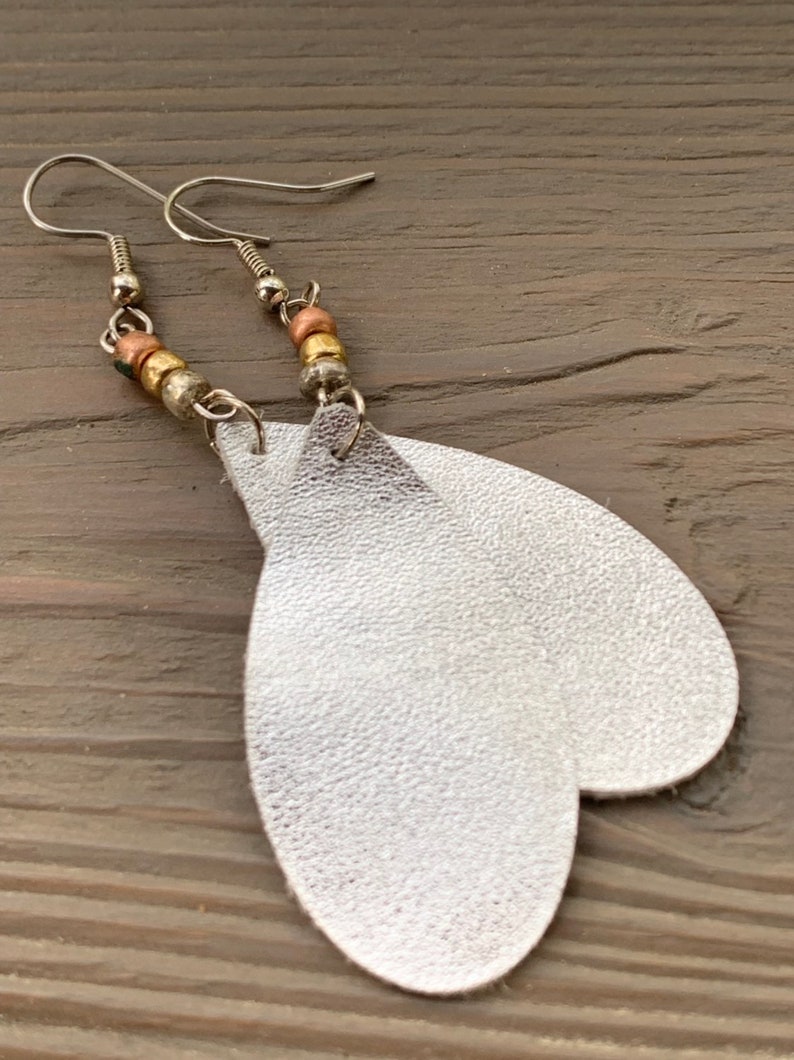 Tri-Bead Silver Leather Teardrop Earrings