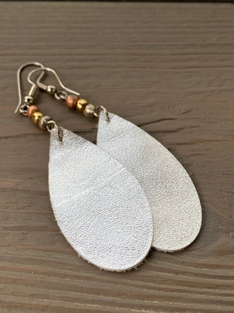 Tri-Bead Silver Leather Teardrop Earrings