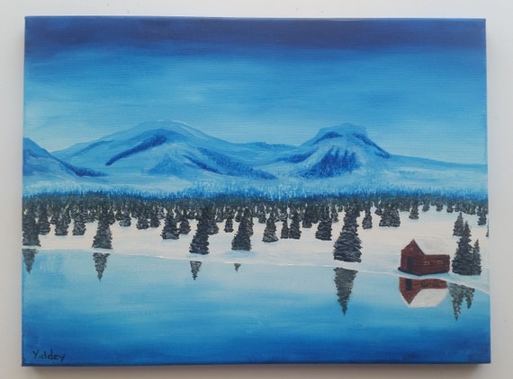 Original Acrylic Painting Cabin In The Snow Etsy