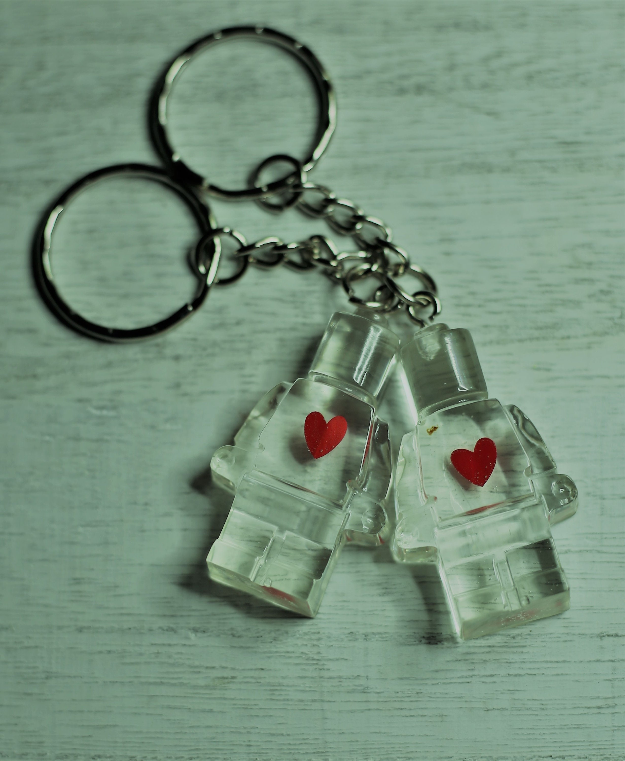 Epoxy Handmade Key Rings , Two on Set , Translucent , Red Heart ,love