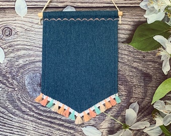 Denim Banner / Custom Denim Pin Banner Colorful Lace Trim / Classic Shape Denim Pin Banner /Handmade Banner