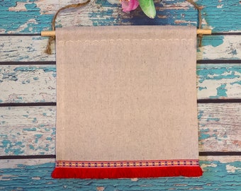 Blank Canvas Banner, Blank Rectangular Canvas Banner For Enamel Pin Storage, Square Pin Banner With Red Vintage Trim Tassels, Pin Display