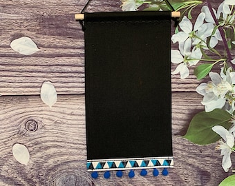 Large Tall Pin Banner / Black Enamel Pin Display With Colorful Trim And Blue Pompoms/ Handmade Pin Banner To Display Enamel Pins And Badges