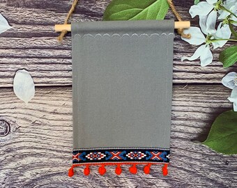 Large Tall Gray Blank Canvas Banner With Beautiful Vintage Ribbon Trim And Pom Pom Ball Fringe, Rectangular Pin Collection Banner