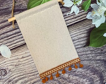 Large Tall Natural Color Blank Canvas Banner With Beautiful Vintage Ribbon Trim And Pom Pom Ball Fringe, Rectangular Pin Collection Banner