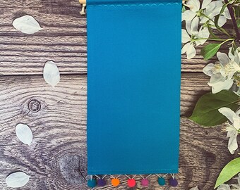 Large Tall Pin Pennant / Blue Enamel Pin Display With Colorful Pom Pom Trim / Handmade Canvas Banner To Display Enamel Pins And Badges