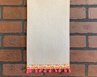 Tall 15 1/2 x 8 Inch Blank Canvas Banner With Beautiful Vintage Ribbon Trim And Pom Pom Ball Fringe, Rectangular Pin Collection Banner