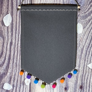 Canvas Pin Pennant/ Charcoal Enamel Pin Display With Colorful PomPom Trim/ Handmade Pin Display/ Duck Canvas Banner With Custom PomPoms