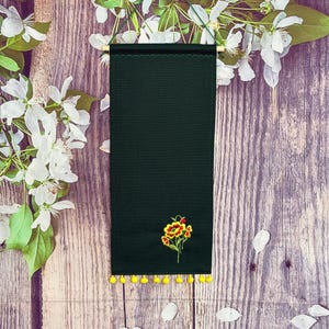 Dark Forest Green Canvas Enamel Pin Display With Yellow Pompom Trim And Embroidered Flower /Dark Green Canvas Pin Banner /Canvas Pin Pennant