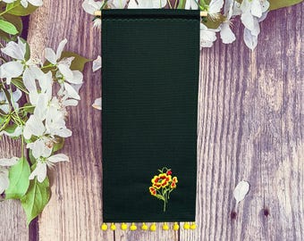 Dark Forest Green Canvas Enamel Pin Display With Yellow Pompom Trim And Embroidered Flower /Dark Green Canvas Pin Banner /Canvas Pin Pennant