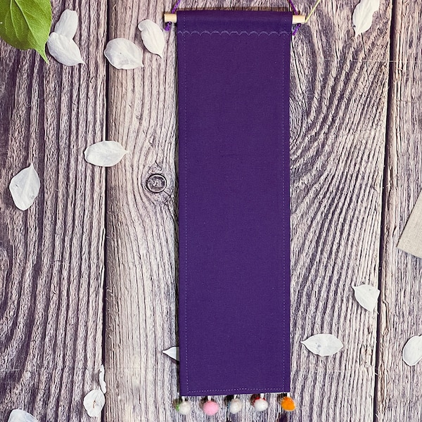 Large Tall Pin Pennant / Purple Enamel Pin Display With Colorful PomPom Trim / Handmade Canvas Banner To Display Enamel Pins And Badges