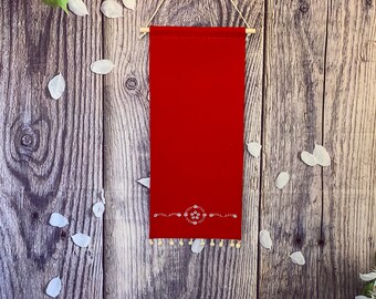 Red Canvas Enamel Pin Display With Yellow Pompom Trim And Embroidered Flower / White Canvas Pin Banner / Unique Pin Banner With Embroidery