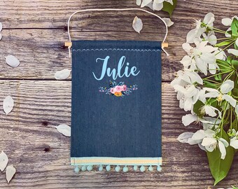 Personalized Denim Banner / Custom Denim Pin Banner With Vintage PomPom Trim / Rectangular Denim Pin Banner With Matching PomPom Trim