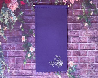 Enamel Pin Display In Purple Color With Beautiful White PomPom Trim And Embroidered Flower/ Purple Canvas Pin Banner/ Unique Pin Banner