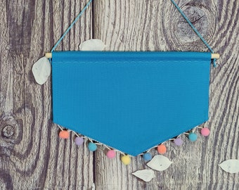 Canvas Pin Pennant / Blue Enamel Pin Display With Colorful PomPom Trim / Handmade Pin Display / Duck Canvas  Banner With Custom PomPoms