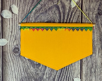 Canvas Pin Pennant/ Yellow Enamel Pin Display With Colorful Trim On Top/ Handmade Pin Display/ Duck Canvas Banner With Custom PomPoms