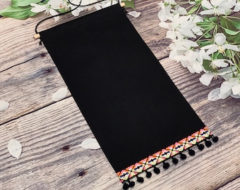 Enamel Pin Display In Black With Beautiful Vintage Trim And Black Pompoms / Black Canvas Pin Banner / Blank Pin Pennant With Pompom Trim